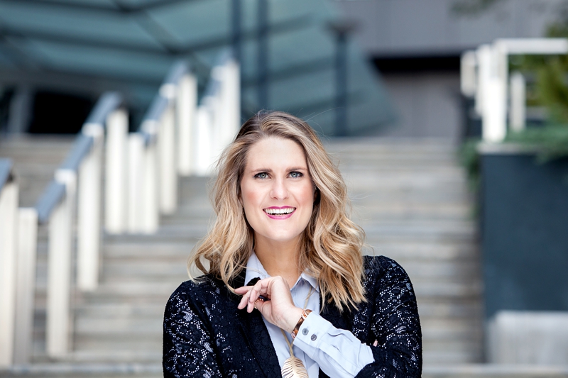 The branded panda in front of staircase