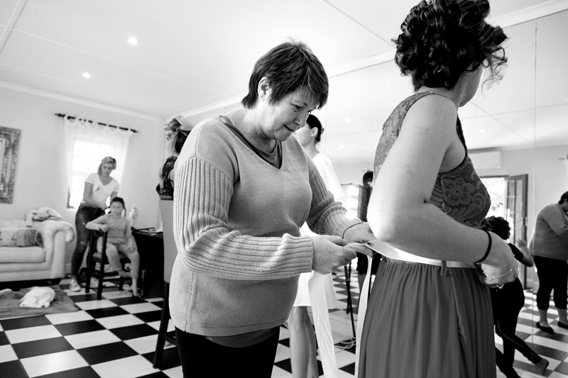 Mom sewing bridesmaid's dress at the Estuary Hotel, Port Edward.