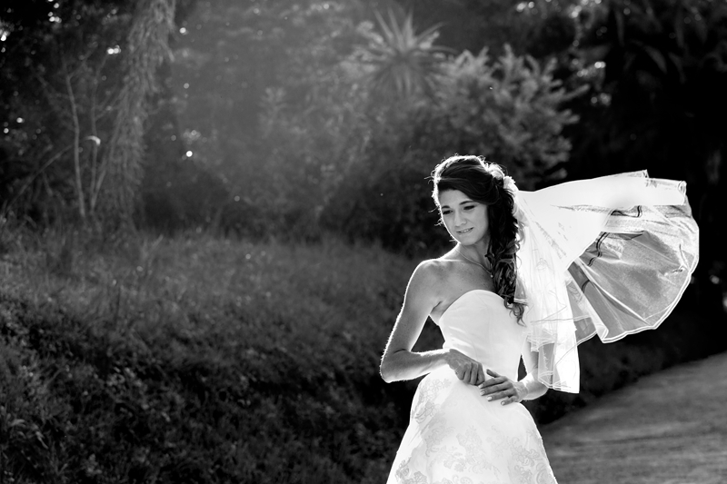 Portrait of bride with her veil waving in the wind at Estuary Hotel, Port Edward.