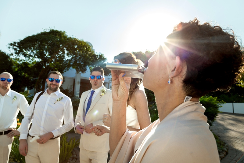 Bridal party drinking tequila out of a hip flask, at the Estuary Hotel, Port Edward.
