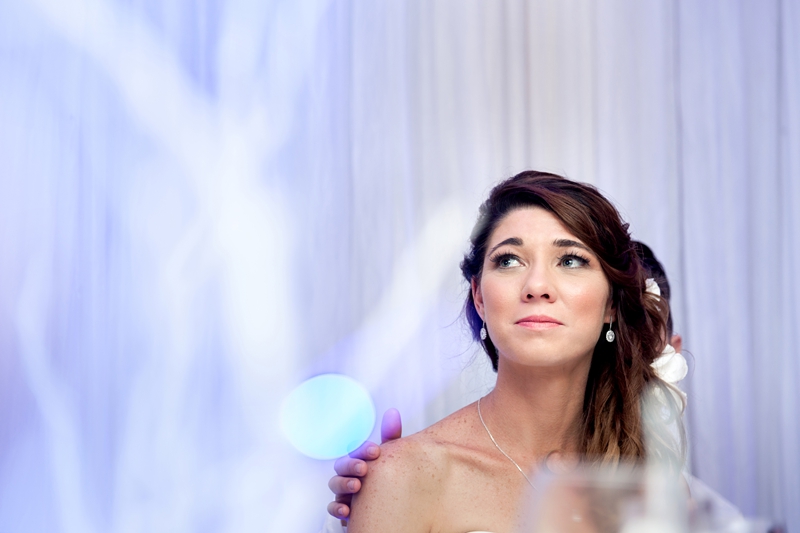 Emotional bride during speeches at wedding held at the Estuary Hotel, Port Edward
