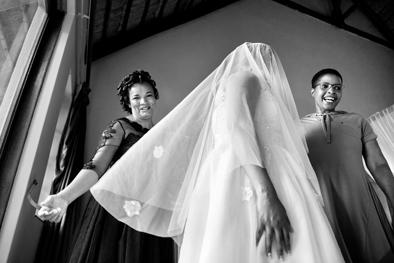 Black and white photograph, Bride with veil at Valverde Eco Hotel.