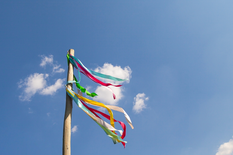 Colourful ribbons on a pole, blowing in the wind during Hippie Fest,at the Forest Venue.
