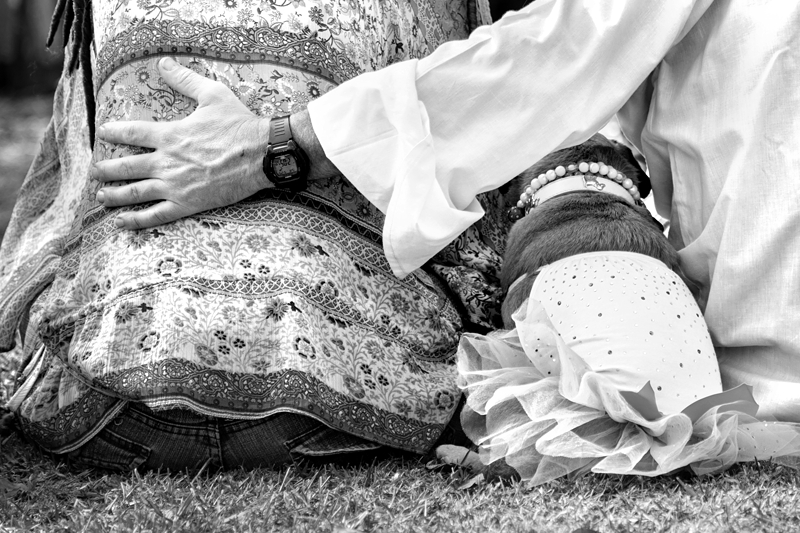 Man holding ladies back with dog sitting between them during Hippie Fest, at the Forest Venue.