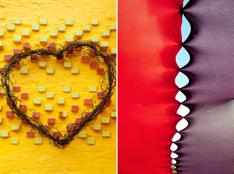 Yellow wall with wire heart at Klitsgras Drumming valentines picnic.