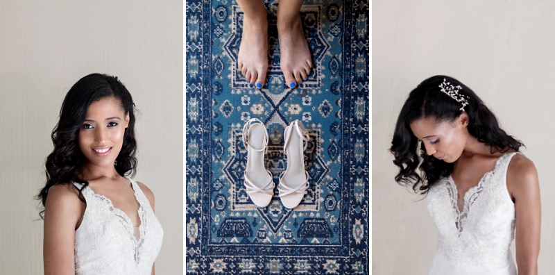 Portrait of bride wearing white lace dress, with blue toenails.