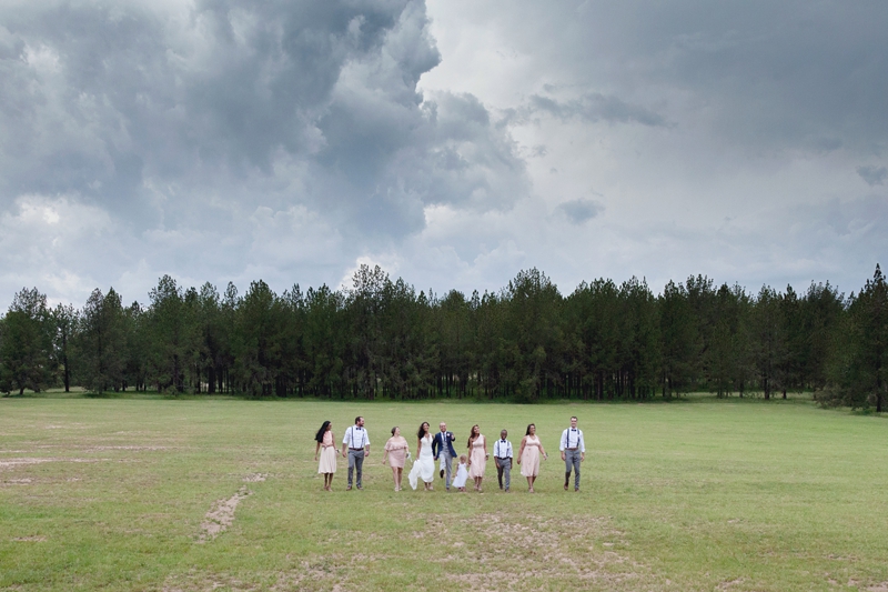 Bridal party, walking across a lawn, before a storm, at Leafy Green Cafe.