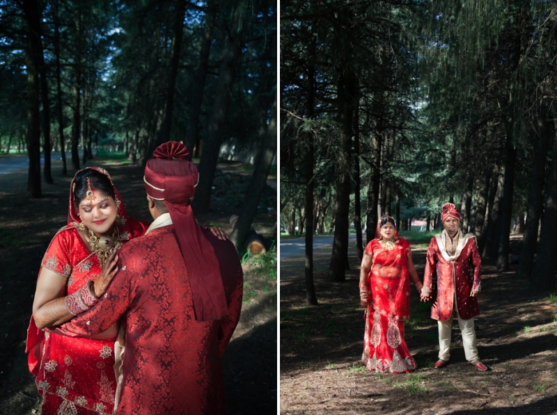 Bride and groom wearing traditional Hindu wedding outfit, with forest background at Field and Study Centre.
