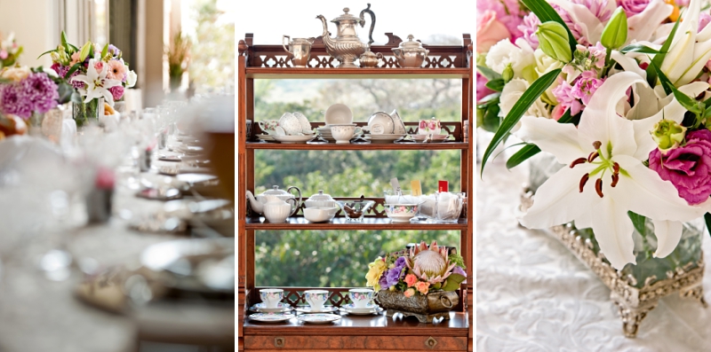 Spring floral arrangements with tea cups at intimate home wedding at Simbithi Eco Estate in Ballito.