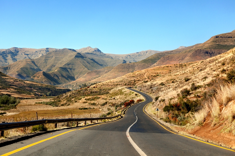 Winding road leading to Maluti mountains in Lesotho.